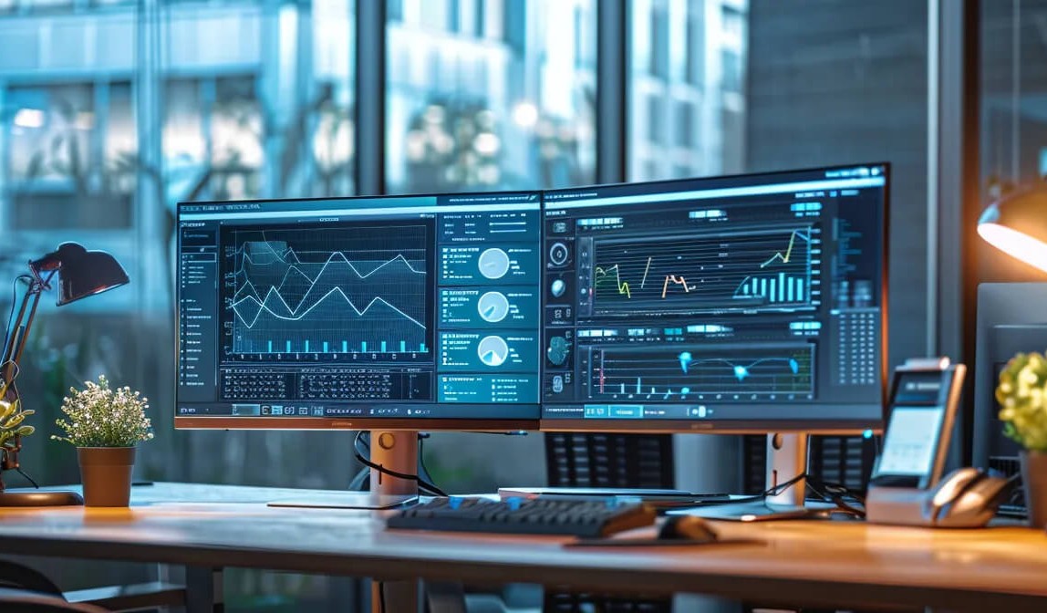 A desk with two computer monitors positioned in front of a window, representing a workspace for business case studies.